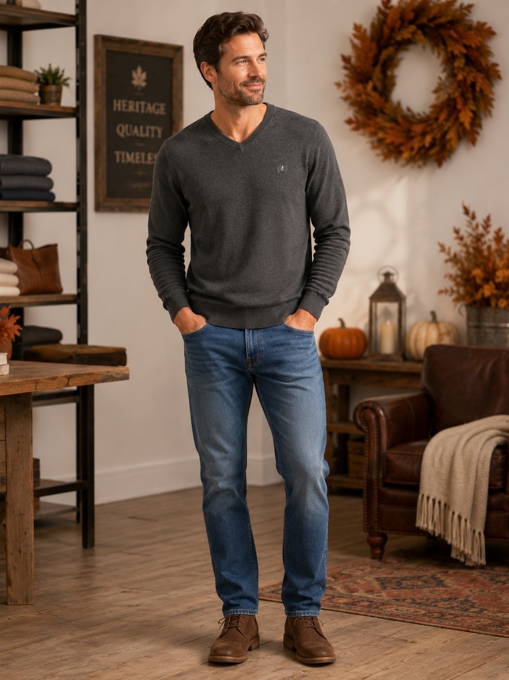 Izod Men's Charcoal V‑Neck Crewneck Sweater